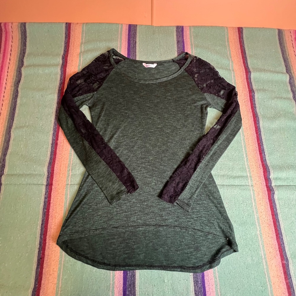 WallFlower Top Womens Large Green Lace Raglan Sleeve Scoop Neck High Low BF19